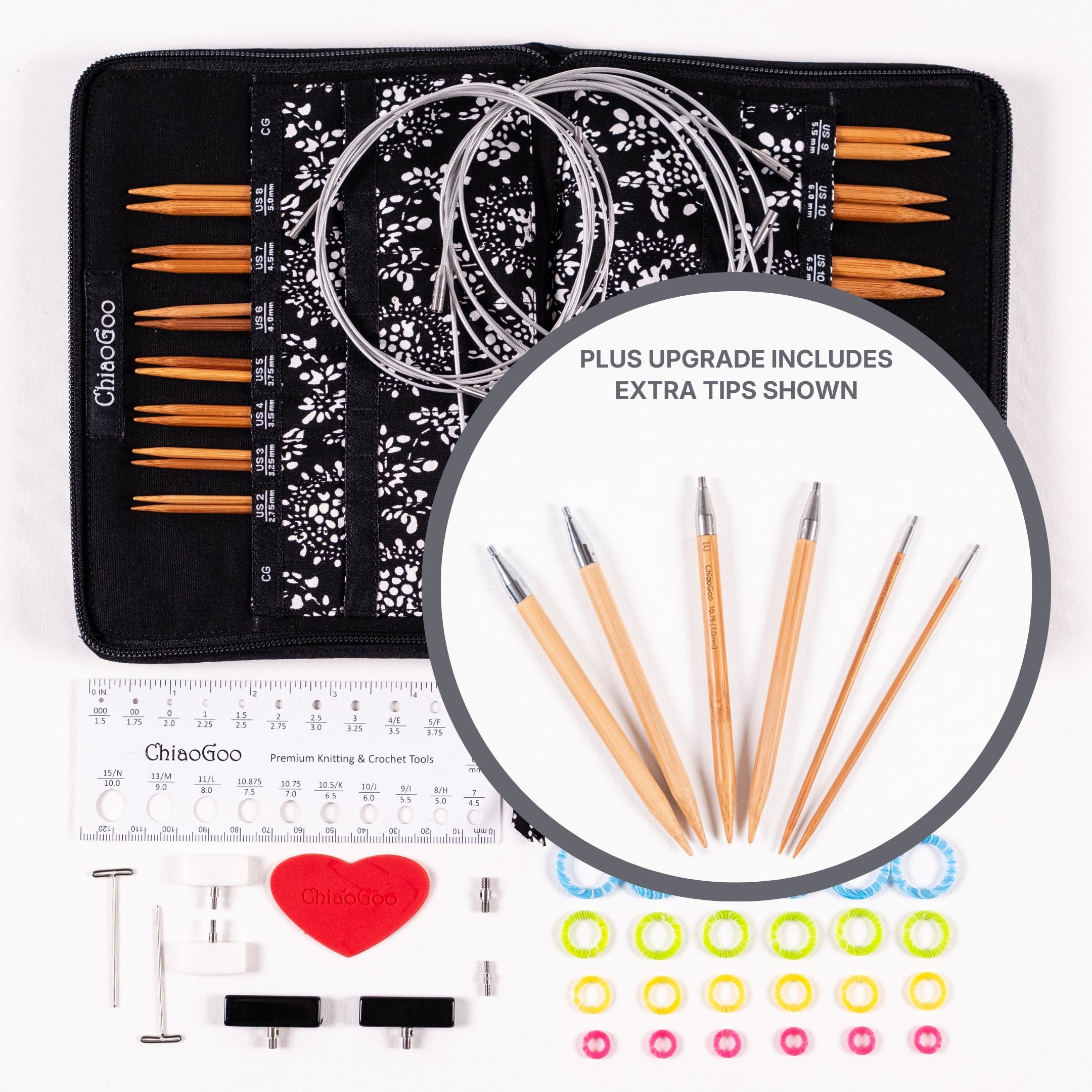 Flat lay of ChiaoGoo 5in Complete bamboo SPIN set of interchangeable knitting needles with case, tips, cables, and accessories on a white background with circle inset showing tips upgrade option