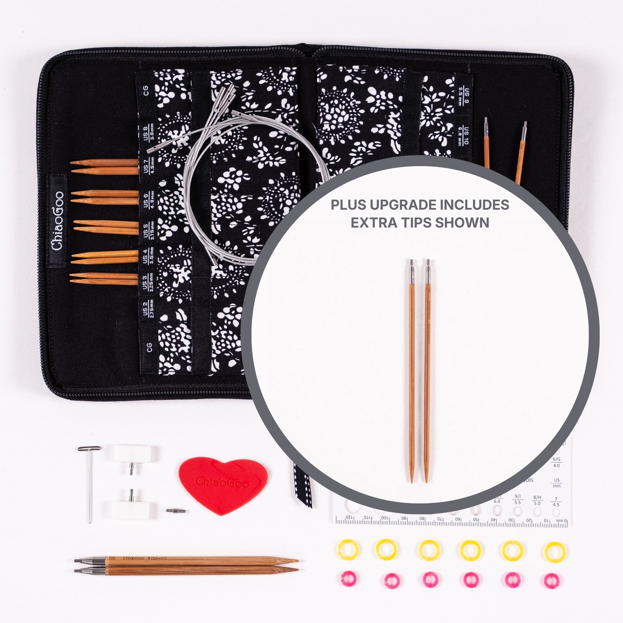 Flat lay of ChiaoGoo 5in Small bamboo SPIN set of interchangeable knitting needles with case, tips, cables, and accessories on a white background with circle inset showing tips upgrade option