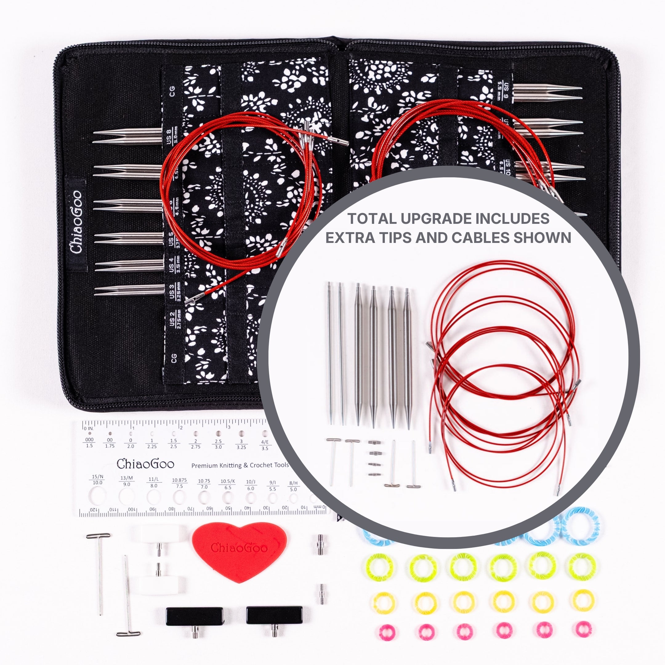 Flat lay of ChiaoGoo 5in Complete Stainless Steel set of interchangeable knitting needles with case, tips, cables, and accessories on a white background with circle inset showing tips and cables upgrade option