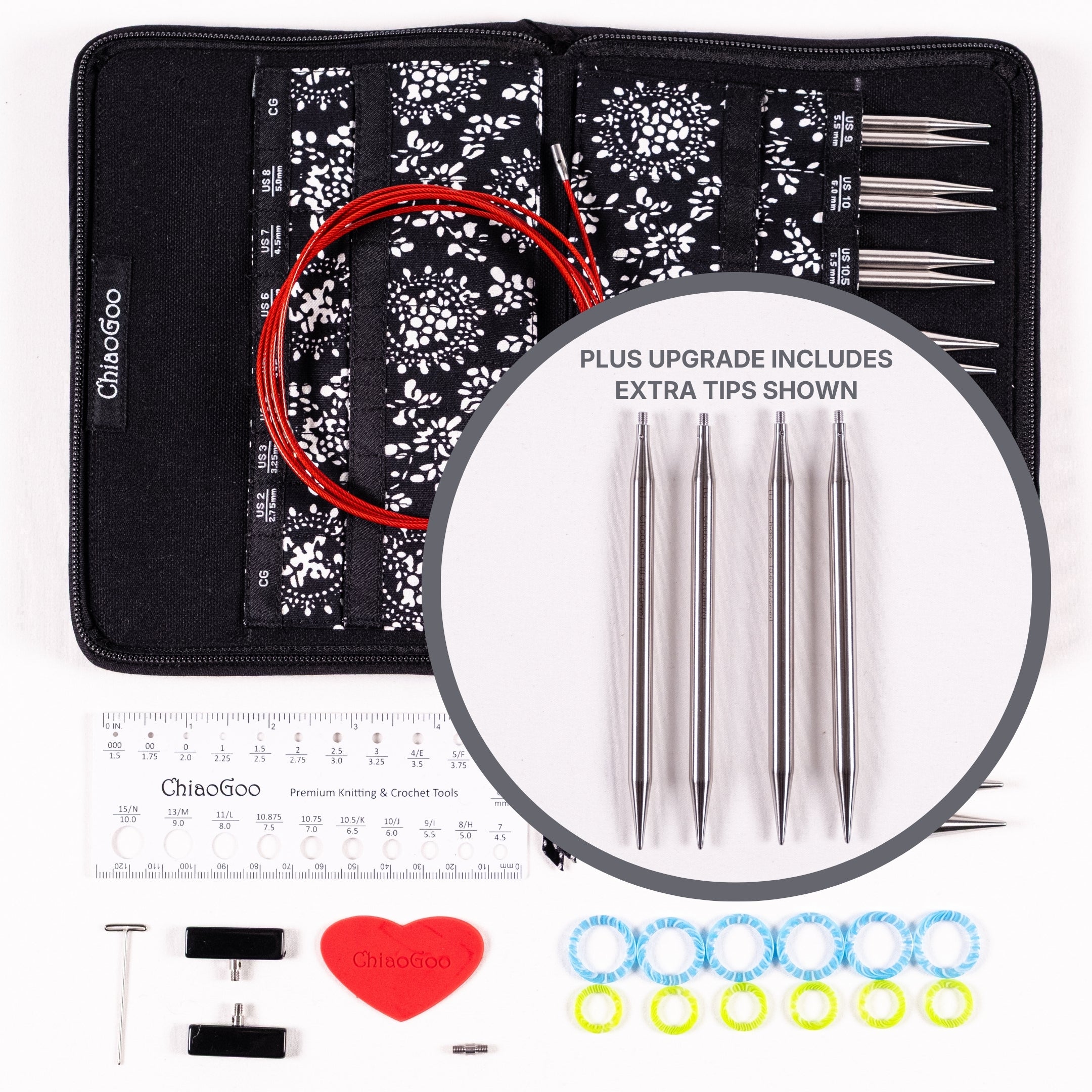 Flat lay of ChiaoGoo 5in Large Stainless Steel set of interchangeable knitting needles with case, tips, cables, and accessories on a white background with circle inset showing tips upgrade option