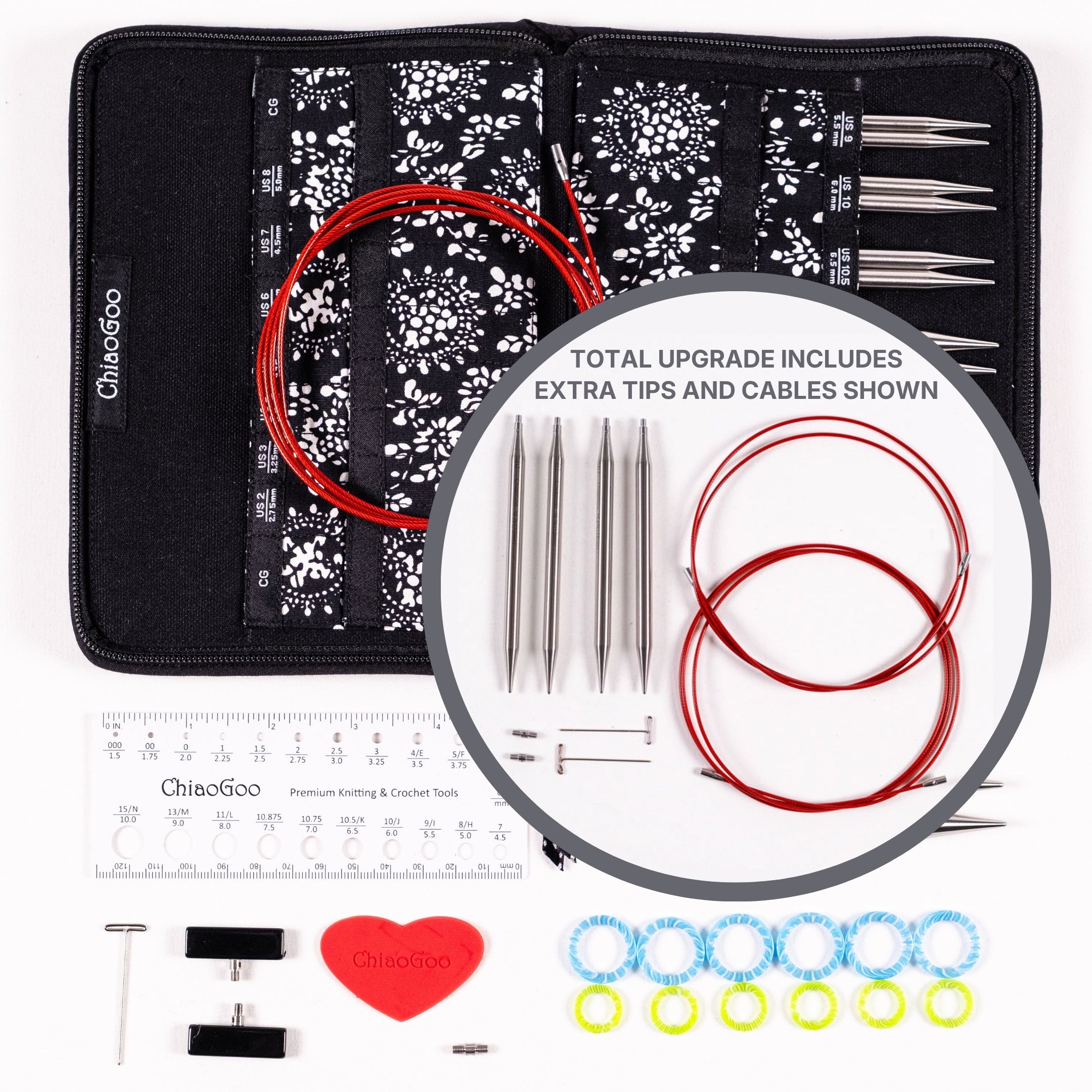 Flat lay of ChiaoGoo 5in Large Stainless Steel set of interchangeable knitting needles with case, tips, cables, and accessories on a white background with circle inset showing tips and cables upgrade option