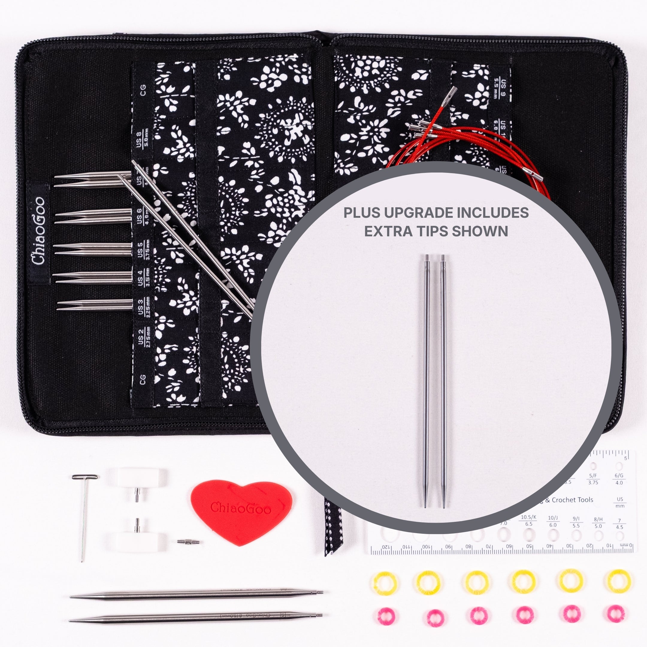 Flat lay of ChiaoGoo 5in Small Stainless Steel set of interchangeable knitting needles with case, tips, cables, and accessories on a white background with circle inset showing tips upgrade option
