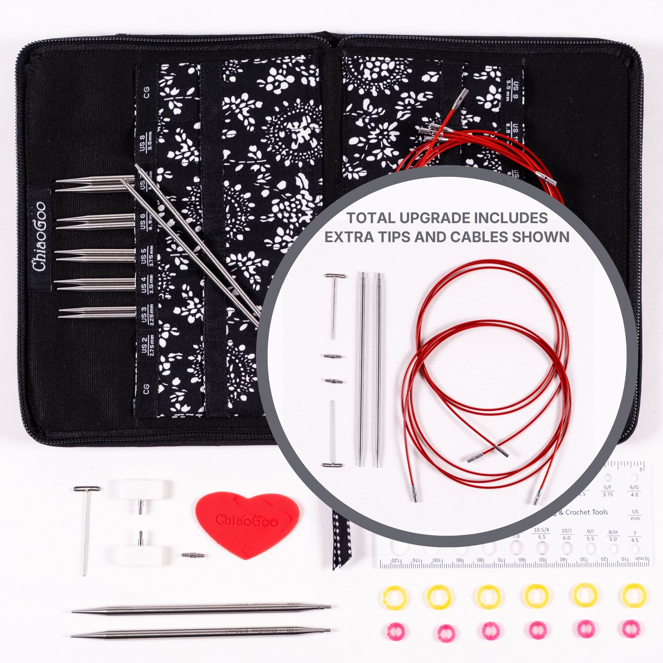 Flat lay of ChiaoGoo 5in Small Stainless Steel set of interchangeable knitting needles with case, tips, cables, and accessories on a white background with circle inset showing tips and cables upgrade option