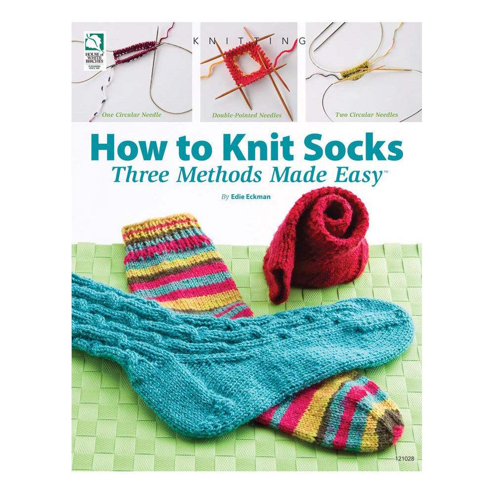 Book cover of 'How to Knit Socks: Three Methods Made Easy' with knitted socks and needles on a green background.