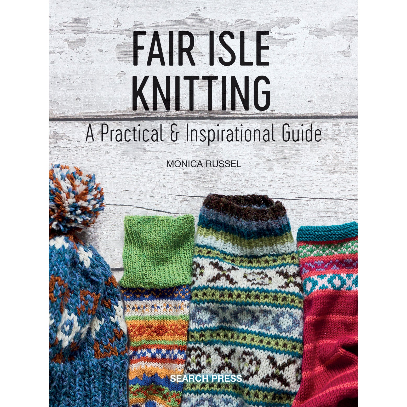 Book cover of 'Fair Isle Knitting' by Monica Russel with knitted items on a wooden background.