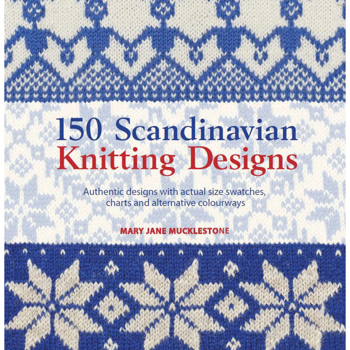 Book cover of '150 Scandinavian Knitting Designs' with knitted pattern design by Mary Jane Mucklestone