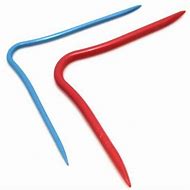 Two colourful cable needles, one red and one blue, on a white background.