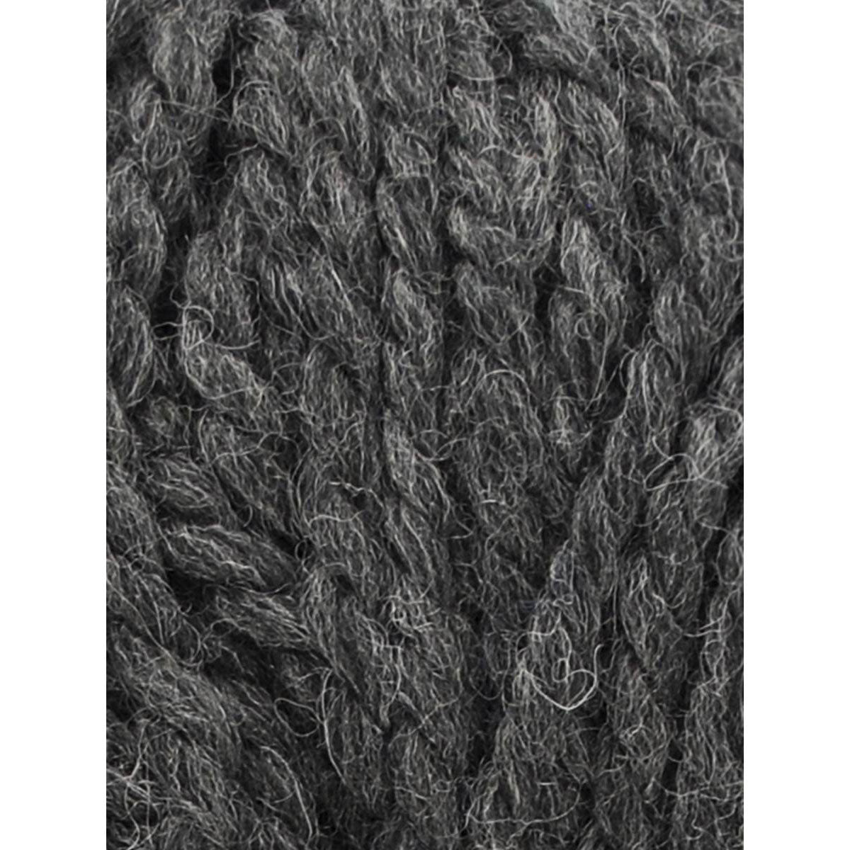 Close-up of dark gray textured yarn on a white background