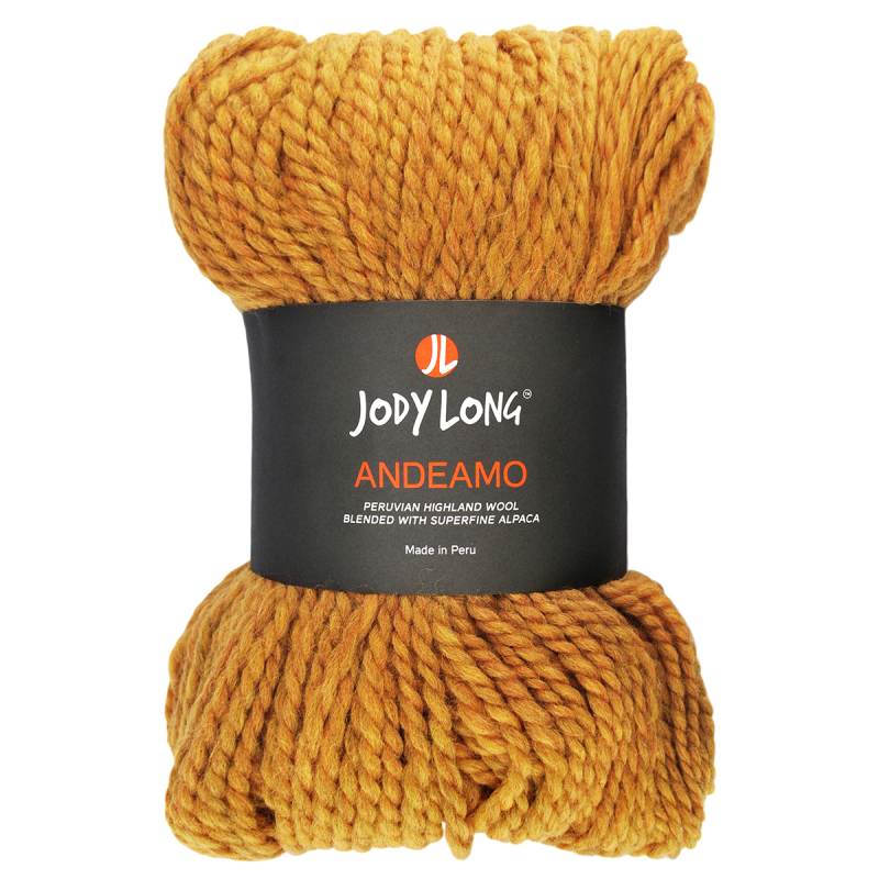 Inca, a warm orange shade hank of super chunky yarn showing the ply with Jody Long Andeamo label placed on a white background