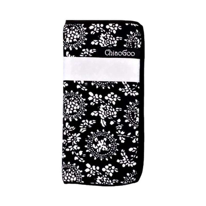Black and white floral zippered ChiaoGoo DPN case with white satin band