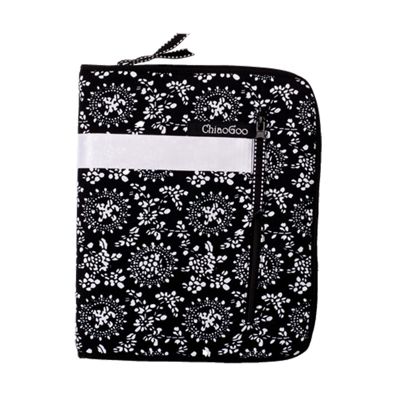 Black and white ChiaoGoo floral pattern cotton fabric case with zipped front pocket