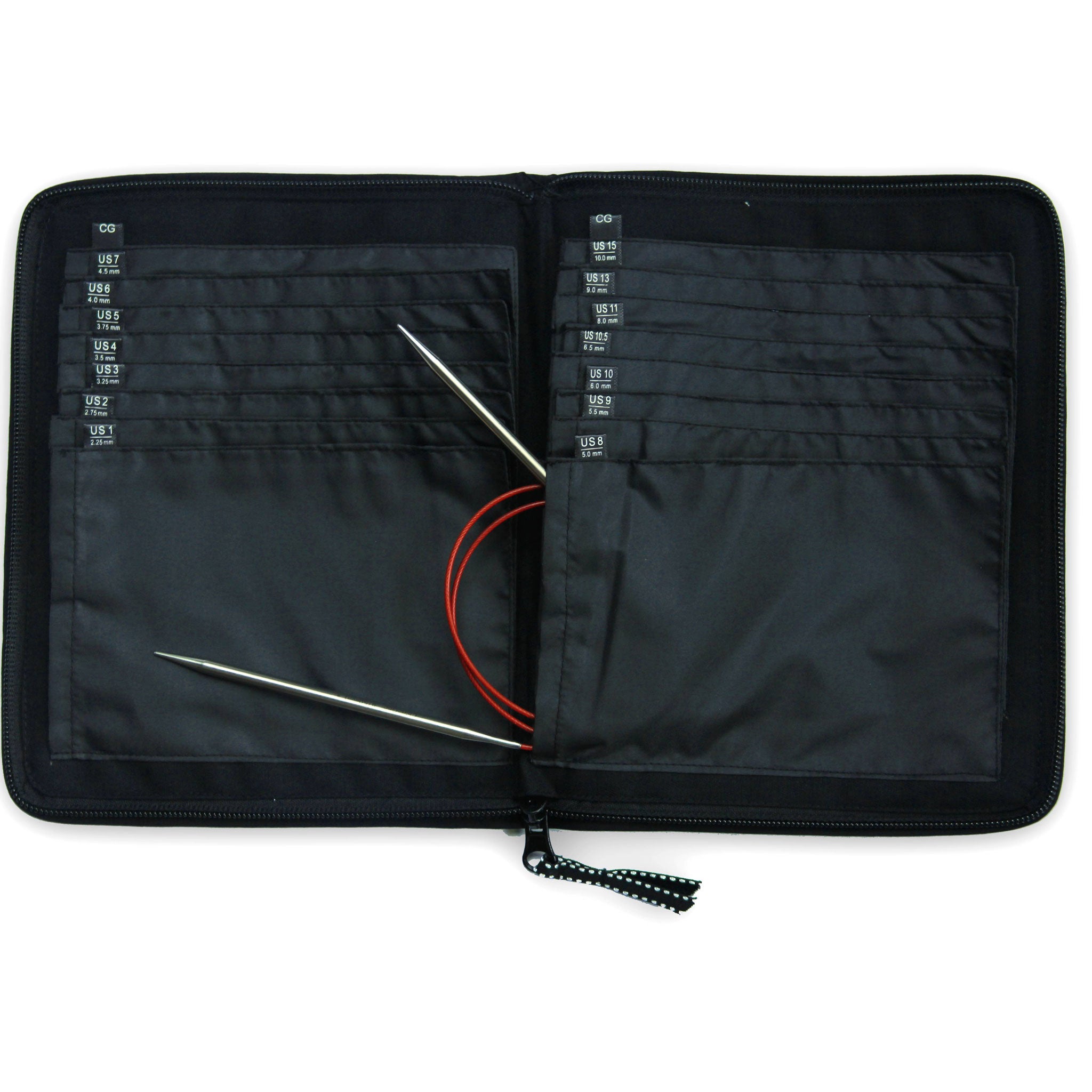 Interior of fixed circular knitting needle case showing labelled pockets and a circular needle poking out of a pocket
