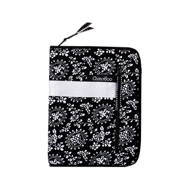 Black and white ChiaoGoo floral patterned zippered pouch for storing tips and cables