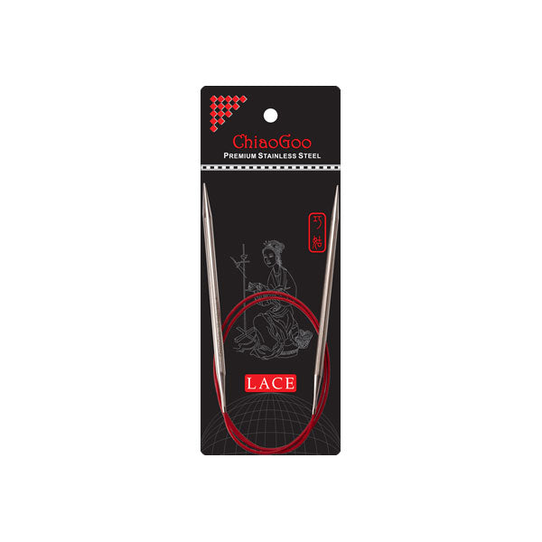 A ChiaoGoo 32in circular knitting needle with stainless steel tips and red cable shown on black branded packaging on a white background