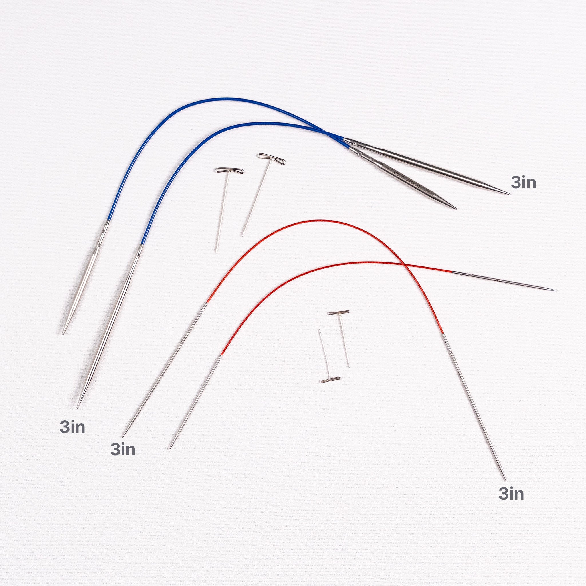 ChiaoGoo 3in and 2in tips connected to b;ue X-flex and red lace cables with tightening keys on a white background