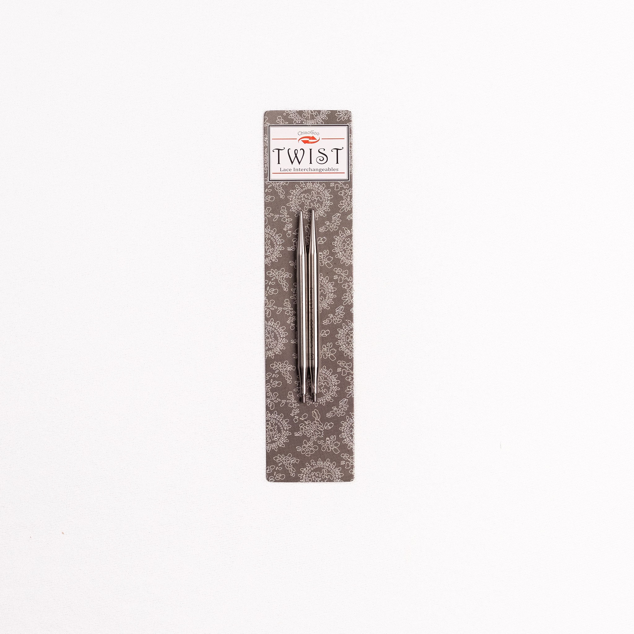 Pair of 3in long stainless steel interchangeable knitting tips on ChiaoGoo TWIST Lace Interchangeables product packaging 