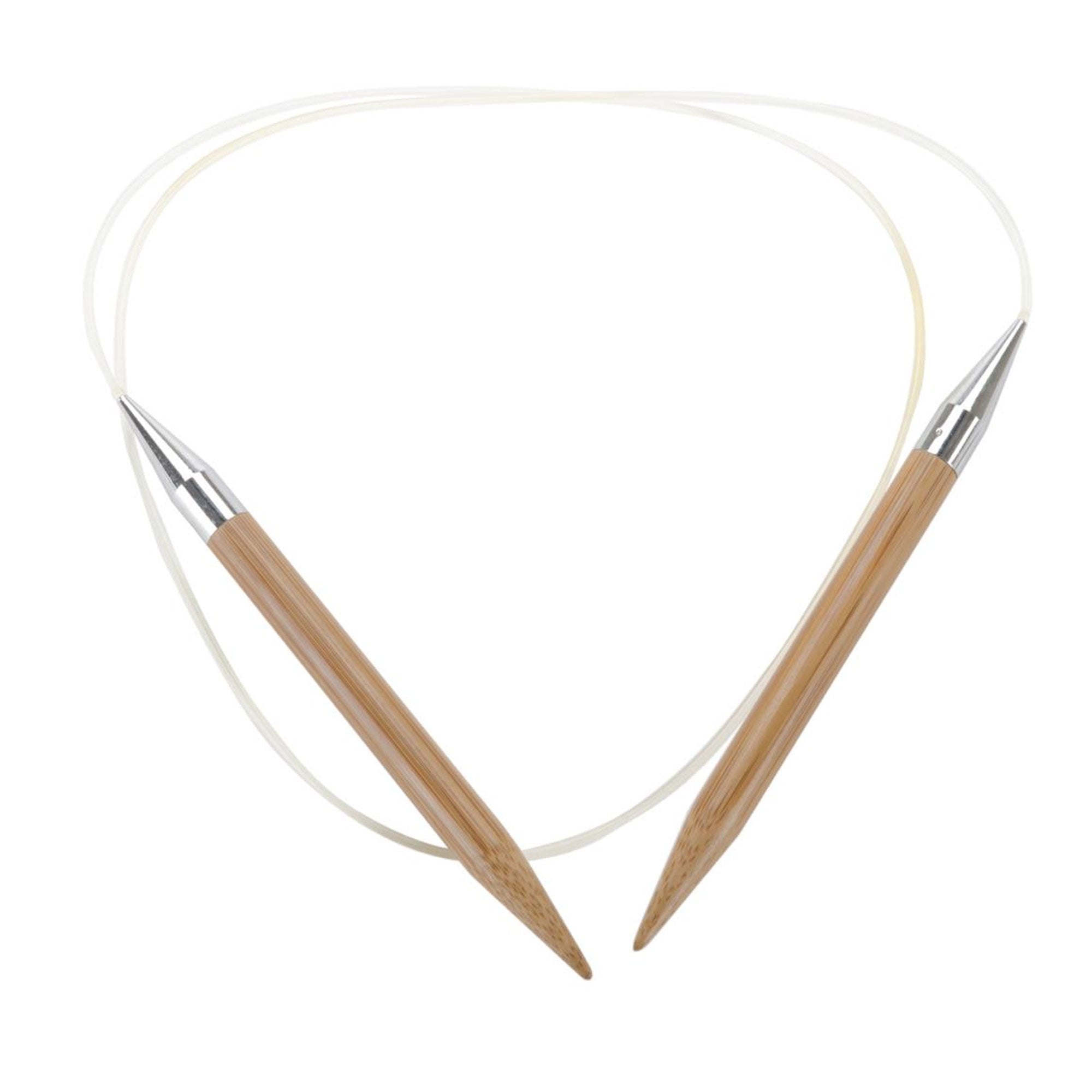 A ChiaoGoo 40in (100cm) long bamboo circular knitting needle with clear nylon cable on  a white background