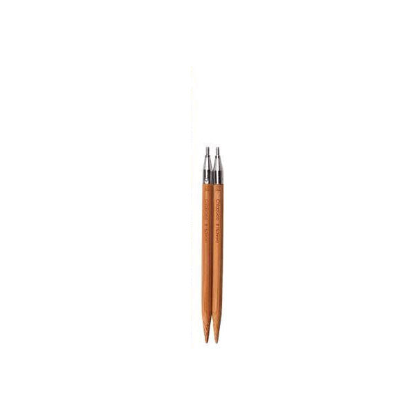 Pair of ChiaoGoo SPIN Bamboo interchangeable knitting tips on a white background