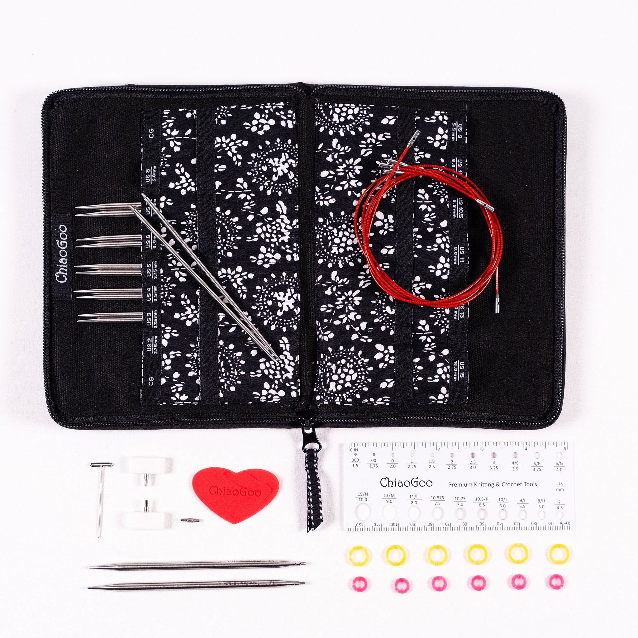 ChiaoGoo 5in twist interchangeable stainless steel knitting needle set with case and accessories on a white background