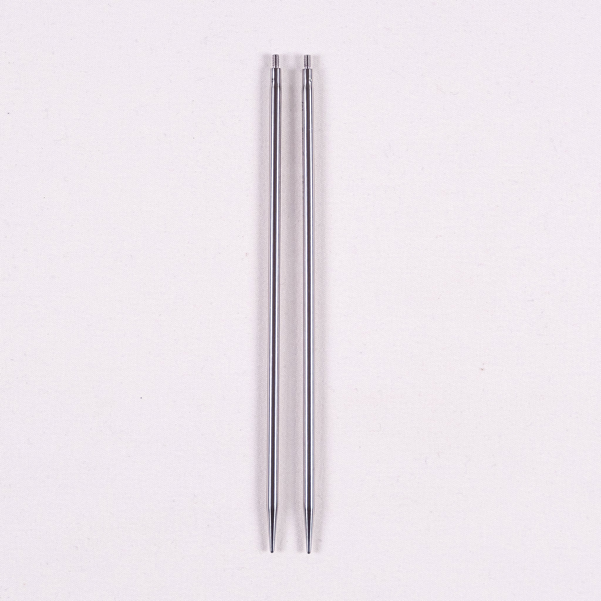Pair of ChiaoGoo 3mm stainless steel interchangeable knitting needle tips on a white background