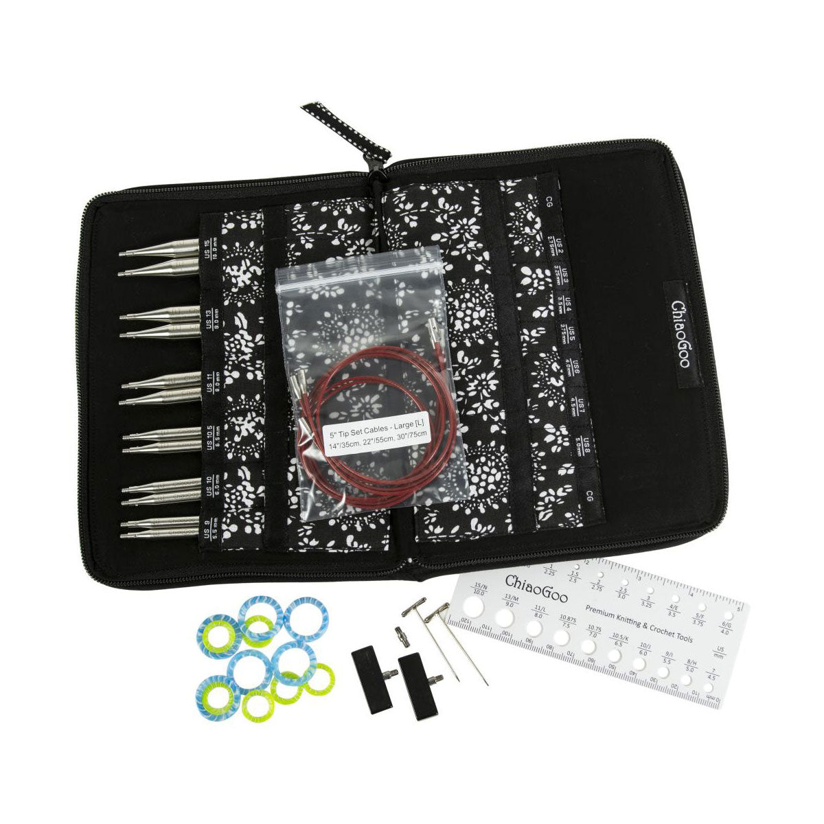 ChiaoGoo 5in interchangeable knitting needle set with case, stainless steel tips, red cables, and accessories on a white background
