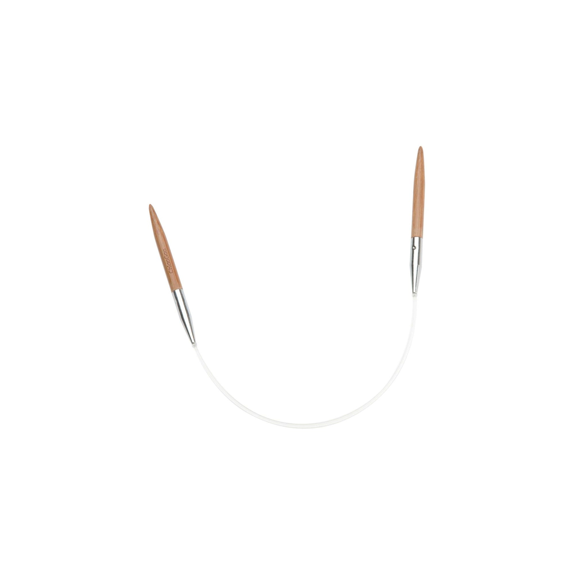 Pair of ChiaoGoo circular knitting needles with bamboo tips on a white background