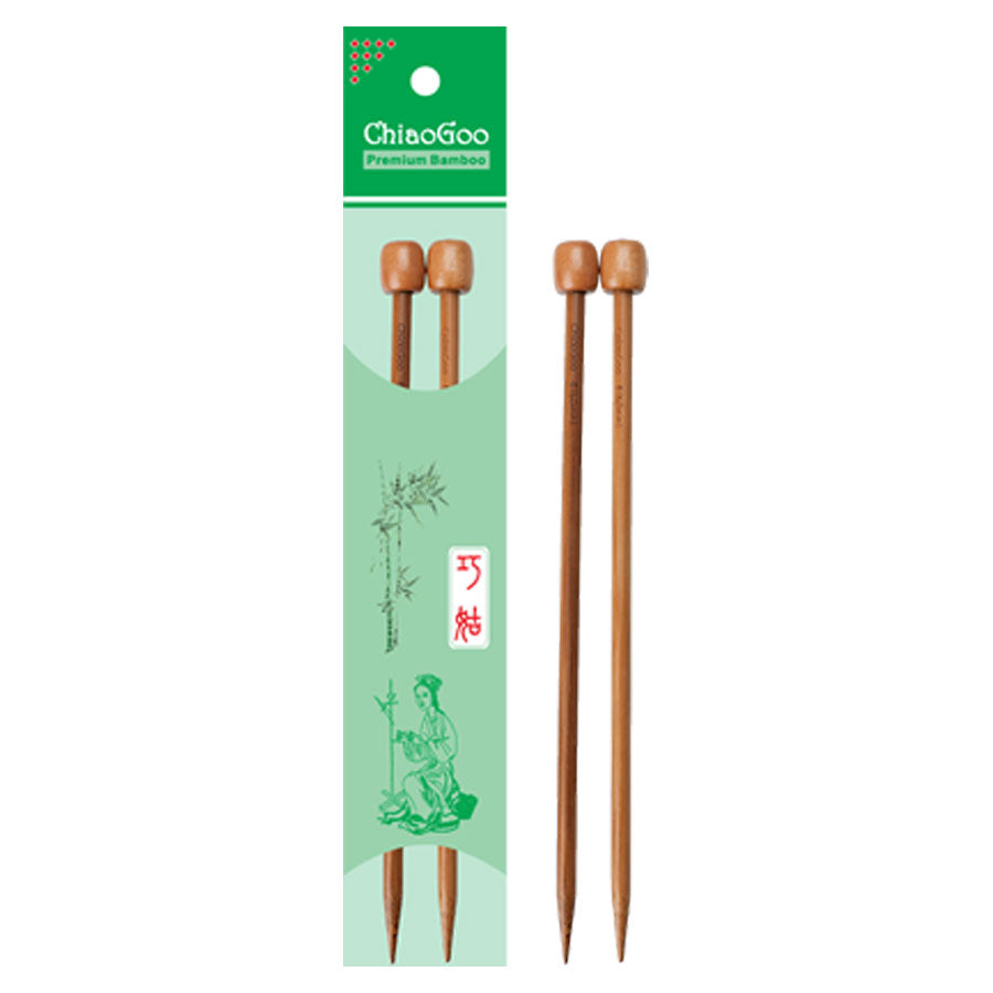 Pair of bamboo knitting needles in green ChiaoGoo branded packaging alongside a pair of bamboo knitting needles on a white background