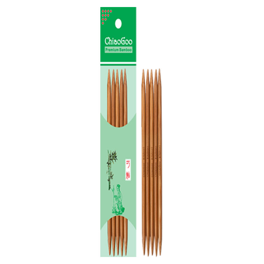 Set of six ChiaoGoo bamboo DPNs in green packaging, alongside set of five bamboo DPNs on white background