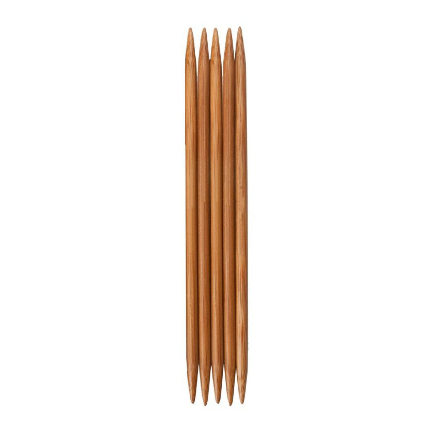 Set of five bamboo double pointed knitting needles on a white background