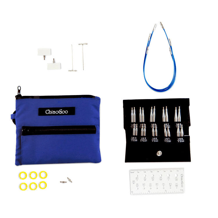 ChiaoGoo blue shorties set, blue nylon pouch with black cotton tip sleeve showing 12 pairs of interchangeable knitting needle tips, 3 blue cables, 6 yellow stitch markers, pair end stoppers, 2 tightening keys