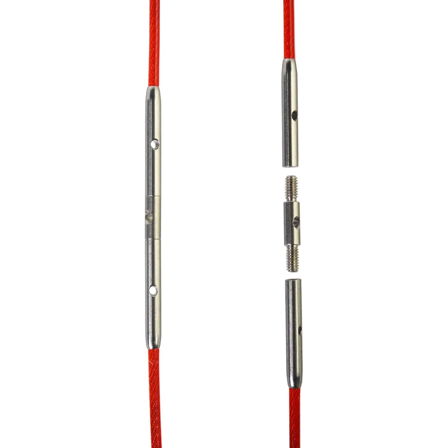On left pair of red interchangeable cables joined by a stainless steel connector, on right a red cable a connector and another red cable before they are connected on a white background