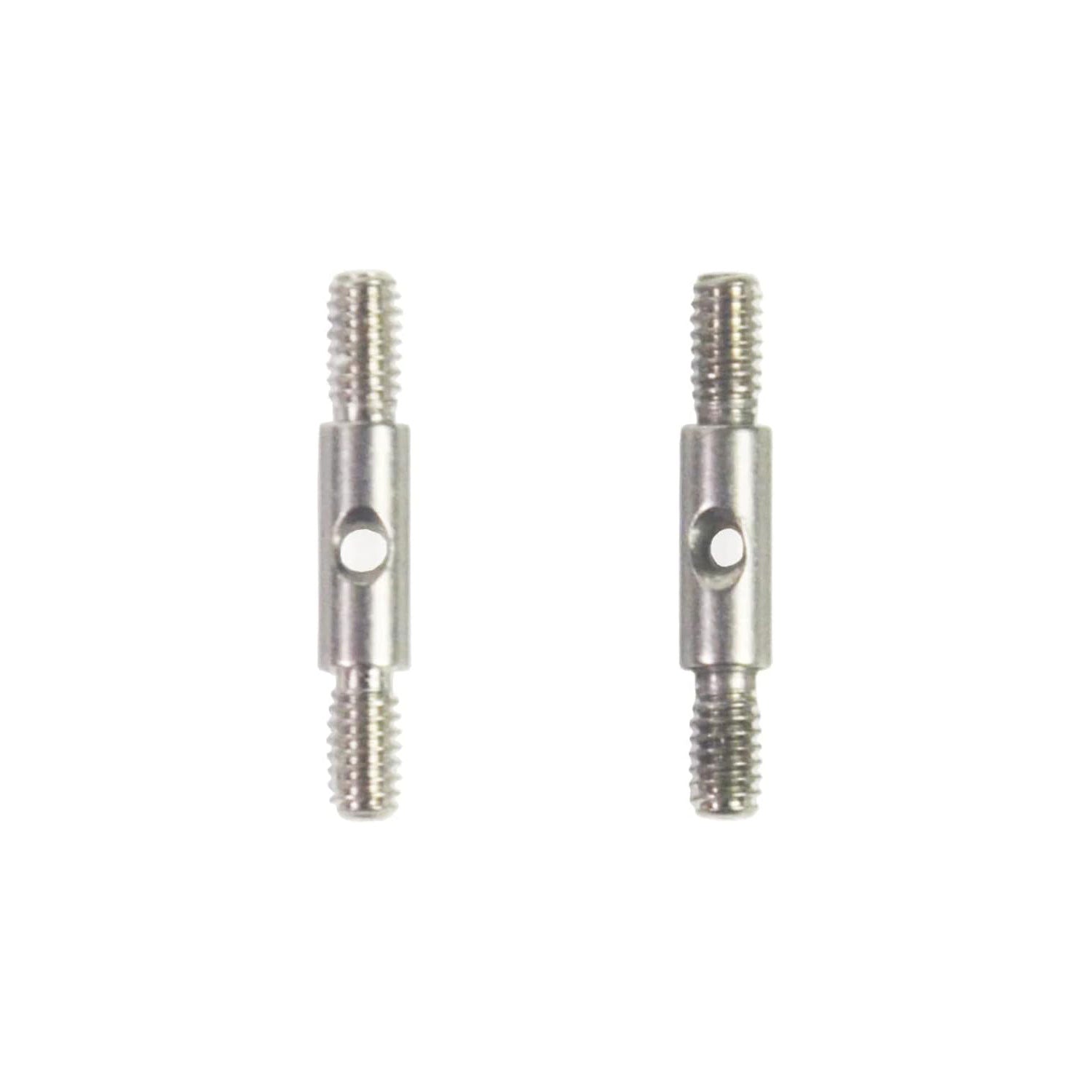 Pair of stainless steel double ended male screw threads on a white background
