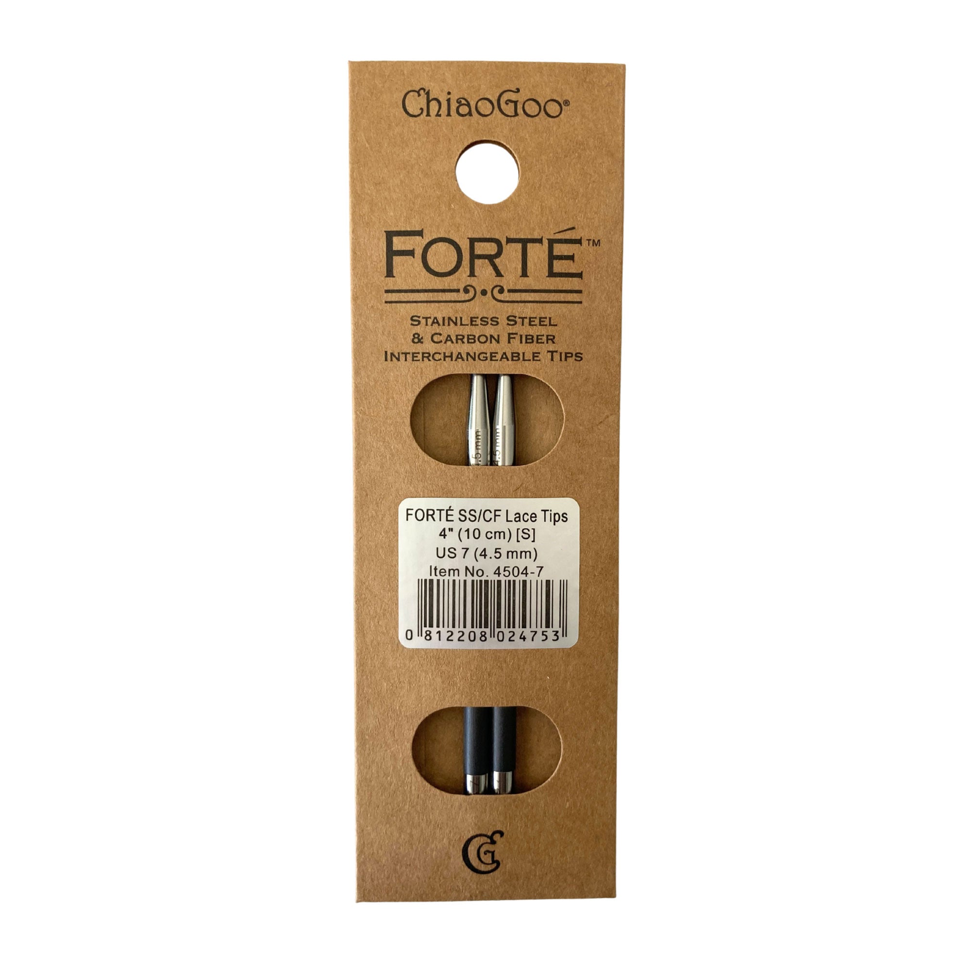 Pair of ChiaoGoo 4in (10cm) long Forté tips in kraft style packaging with ChiaoGoo and FORTÉ branding and the text Stainless Steel & Carbon Fiber Interchangeable Tips in black.