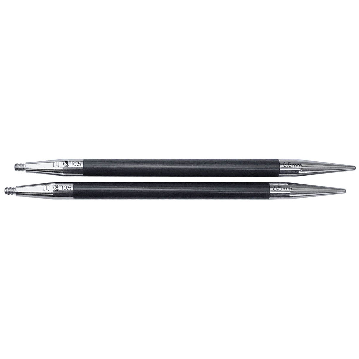 Pair of ChiaoGoo Forté tips size 6.5mm lying horizontally on a white background