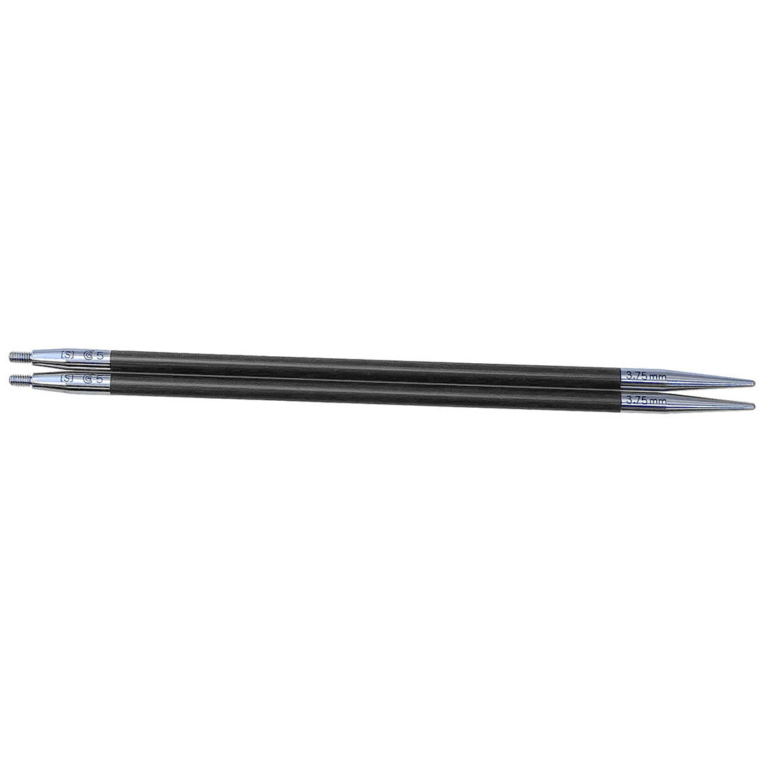 Pair of ChiaoGoo Forté tips size 3.75mm lying horizontally on a white background