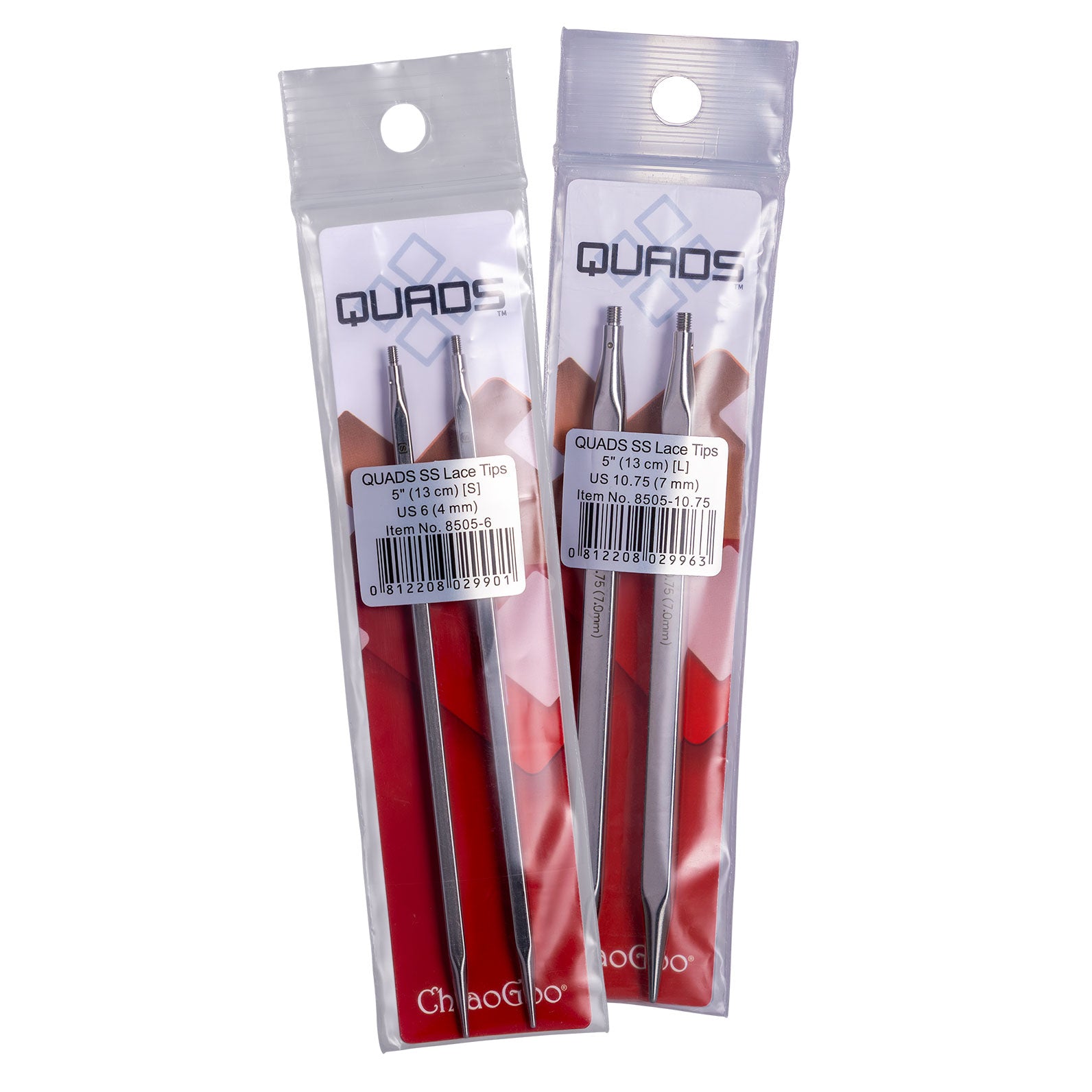 A pair of 5in long 4mm ChiaoGoo QUADS SS Lace Tips and a pair of 5in long 7mm ChiaoGoo QUADS SS Lace Tips in see-through packaging with printed cardboard slip behind the tips. The Quads logo is written in a squared font. The branding colours are predominantly red. 