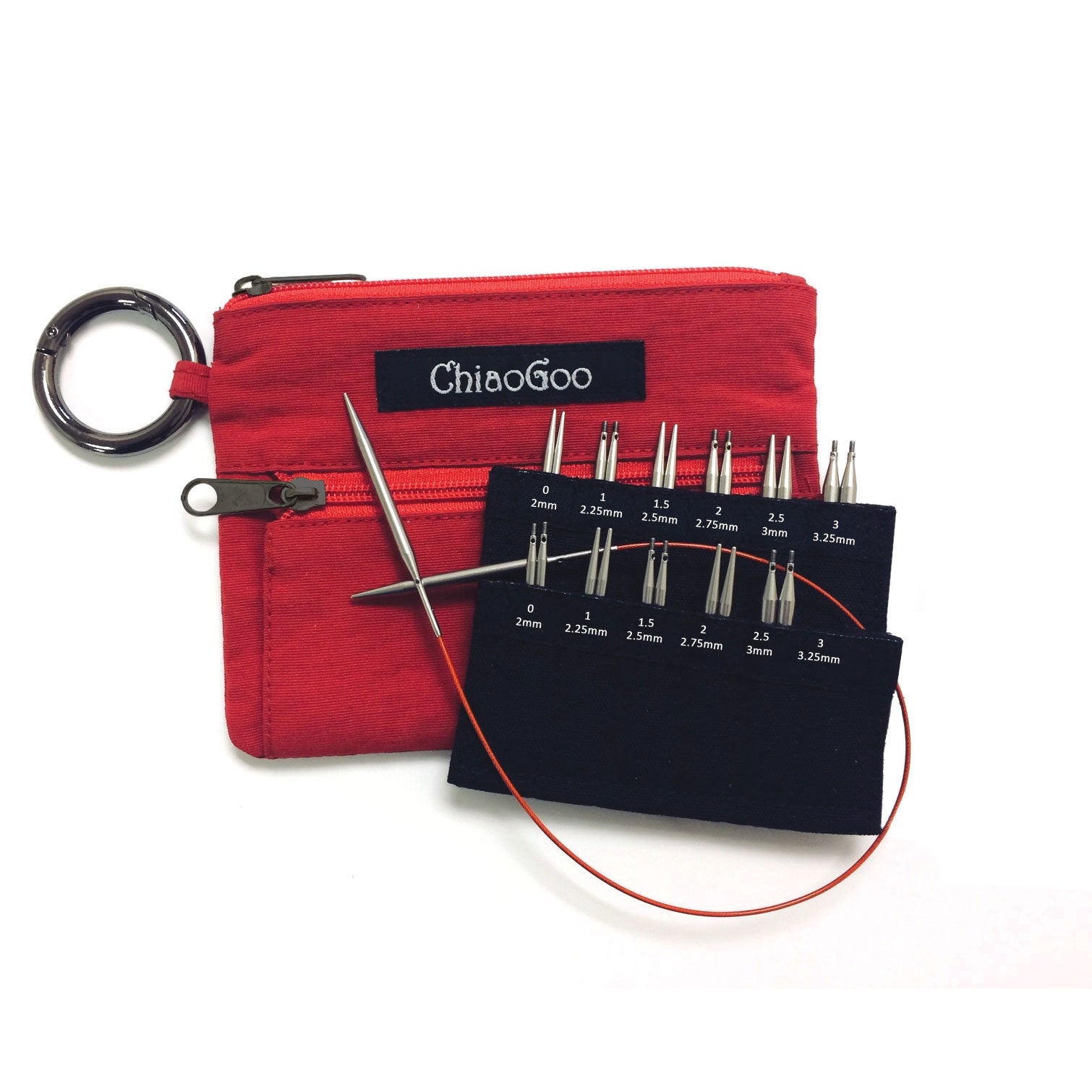 ChiaoGoo red shorties set, red nylon pouch with black cotton tip sleeve showing 11 pairs of interchangeable knitting needle tips and a pair of tips connected to a red MINI cable