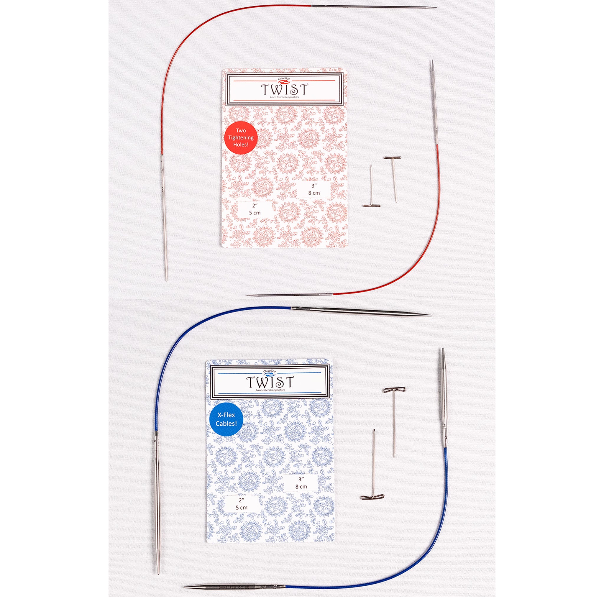 ChiaoGoo TWIST Short Combo product overview of Mini and Small 2in and 3in tips and cables with tightening keys and product packaging