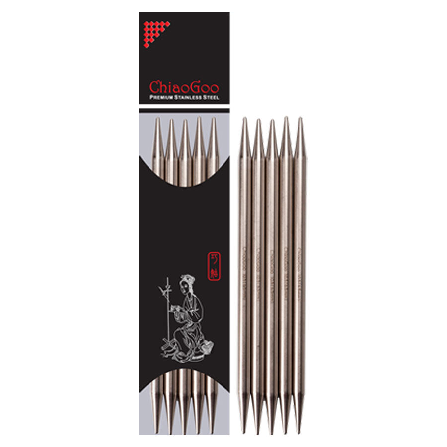 ChiaoGoo SS DPNs set of five in packaging next to set of five flat on white background