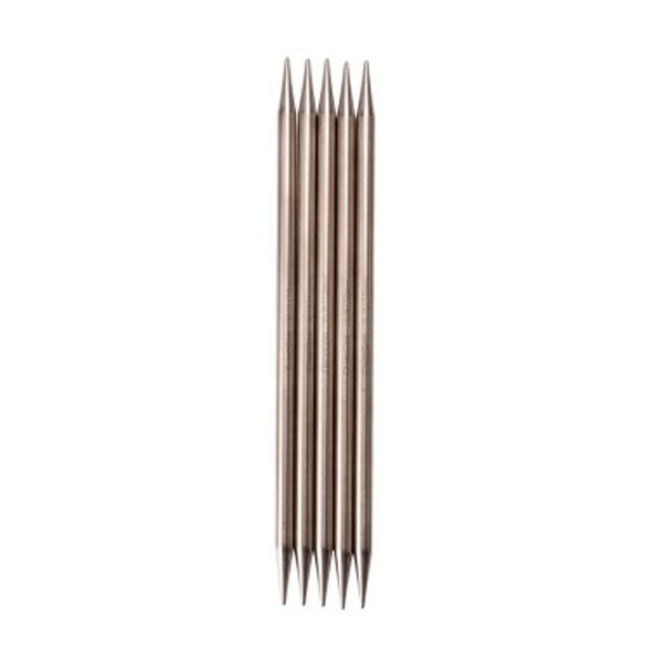 Set of five ChiaoGoo stainless steel DPNs flat on a white background
