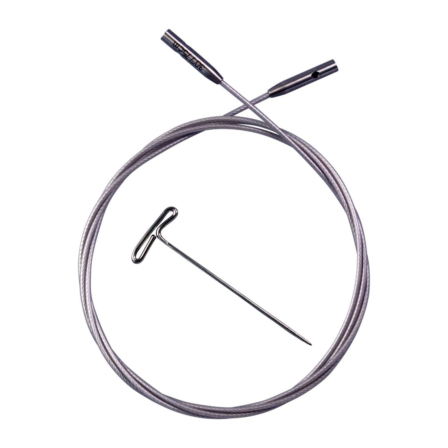 Coiled ChiaoGoo silver SWIV360 interchangeable knitting needle cable with T-pin