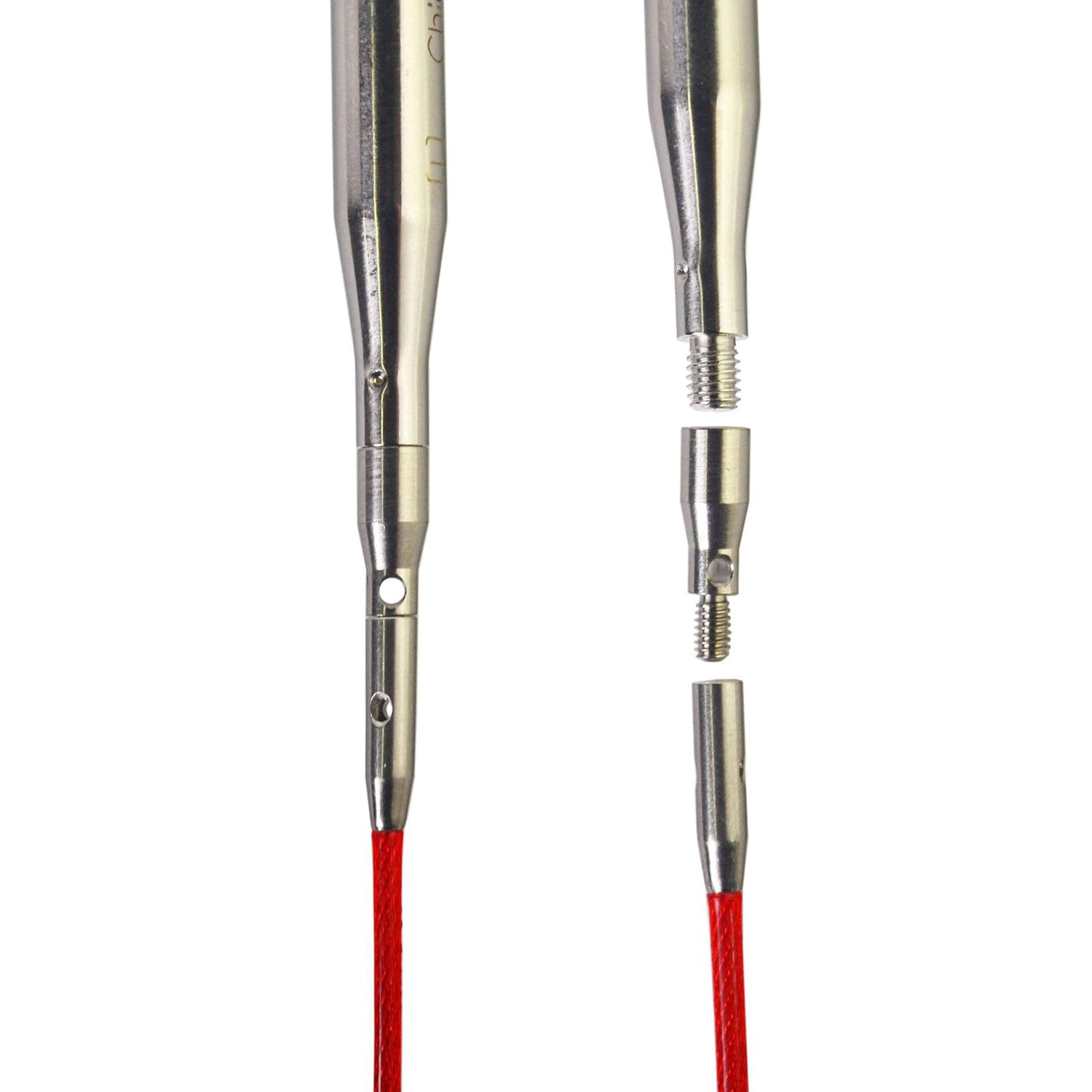On left stainless steel interchangeable knitting needle tip attached to an adaptor attached to a red cable. On right close up of tip next to adaptor next to cable before being screwed together.
