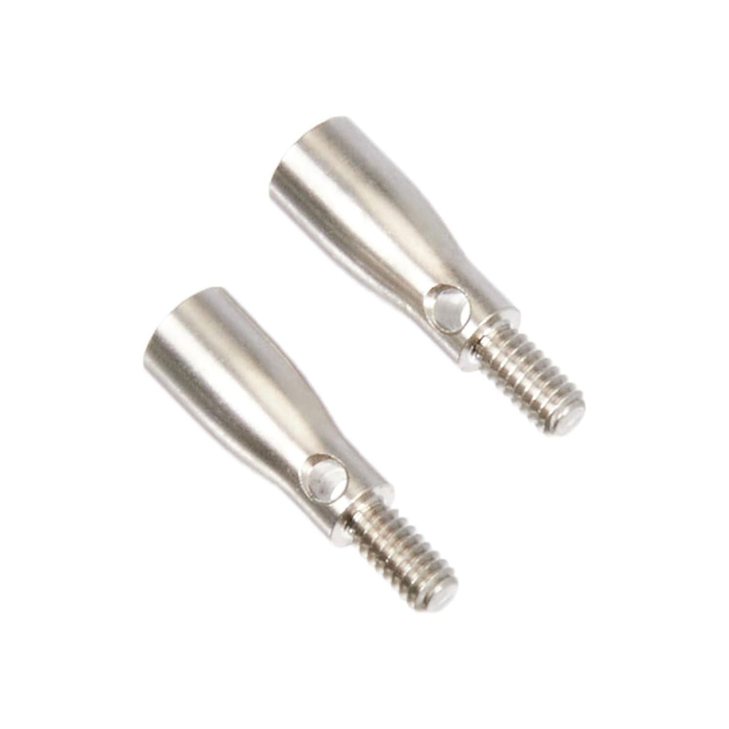 ChiaoGoo tip to cable adaptors, pair of stainless steel male / female screw thread convertors on white background