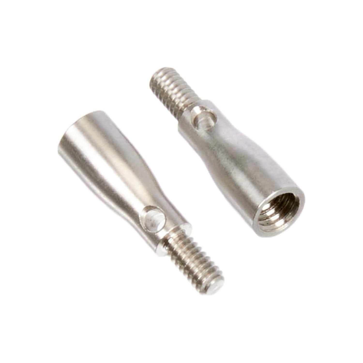 ChiaoGoo tip to cable adaptors, pair of stainless steel male / female screw thread convertors on white background