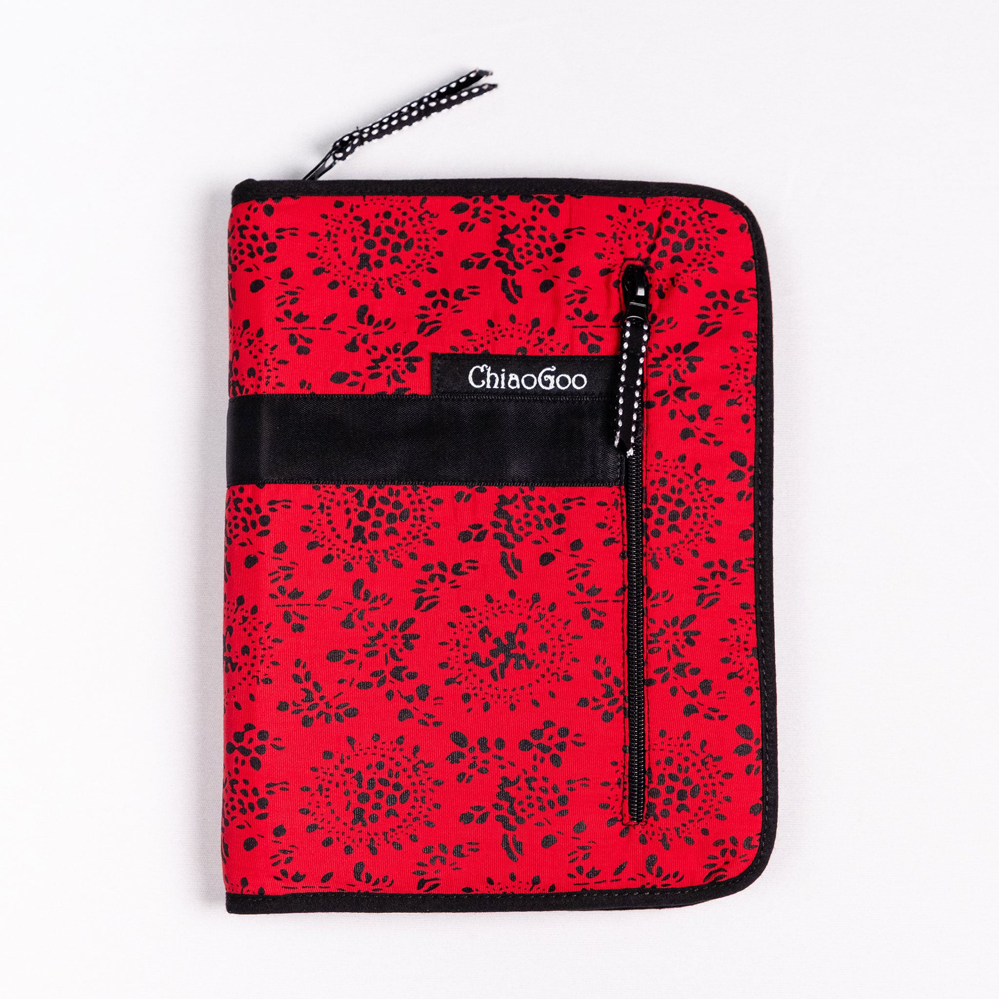 Red and black patterned cotton storage case with black satin band, black zipper and ChiaoGoo logo