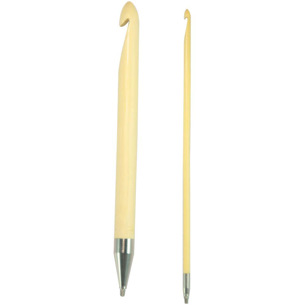 Two interchangeable crochet hook tips with bamboo handles and silver ends on a white background
