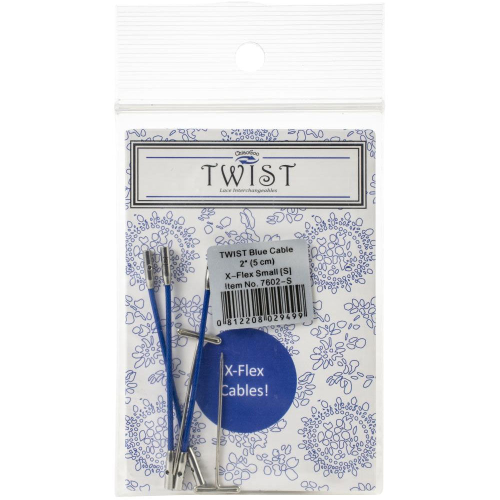 Packaged ChiaoGoo Twist X-Flex blue cables - set of three 2in long cables with two T-pins
