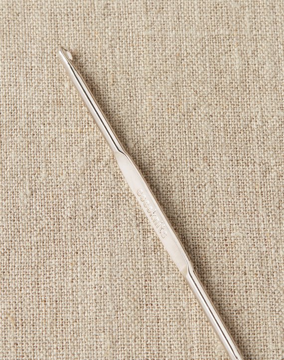 Close up of the head of 3mm stainless steel crochet hook