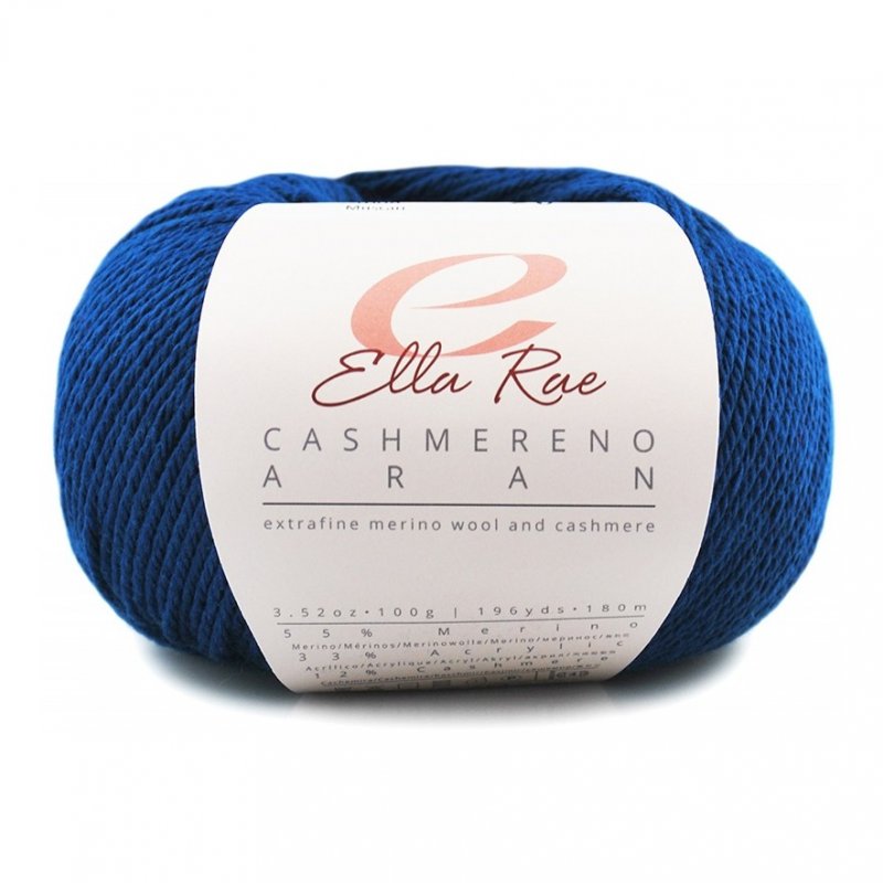 Dark blue ball of yarn showing ply twist with Ella Rae Cashmereno Aran label at front centre on a white background