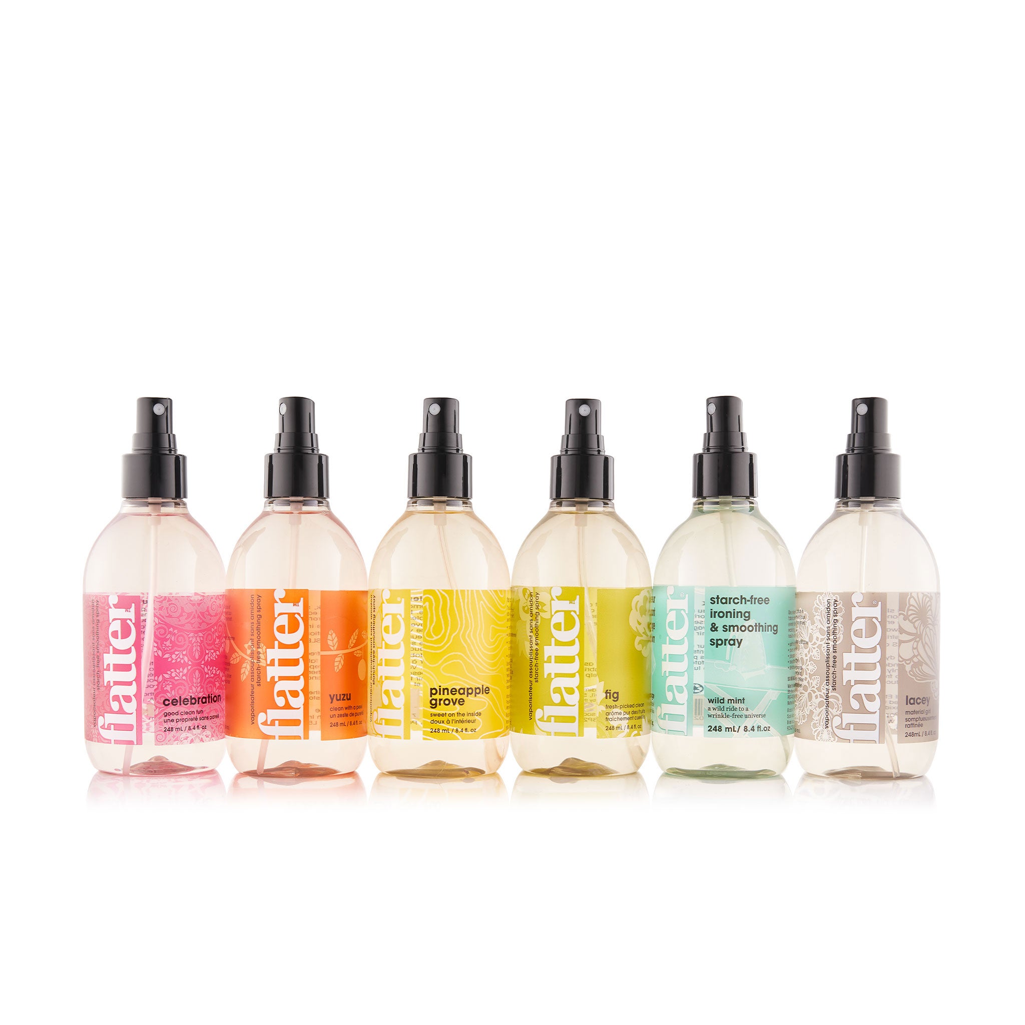 Set of six 'flatter' bottles each a with different coloured label on a white background